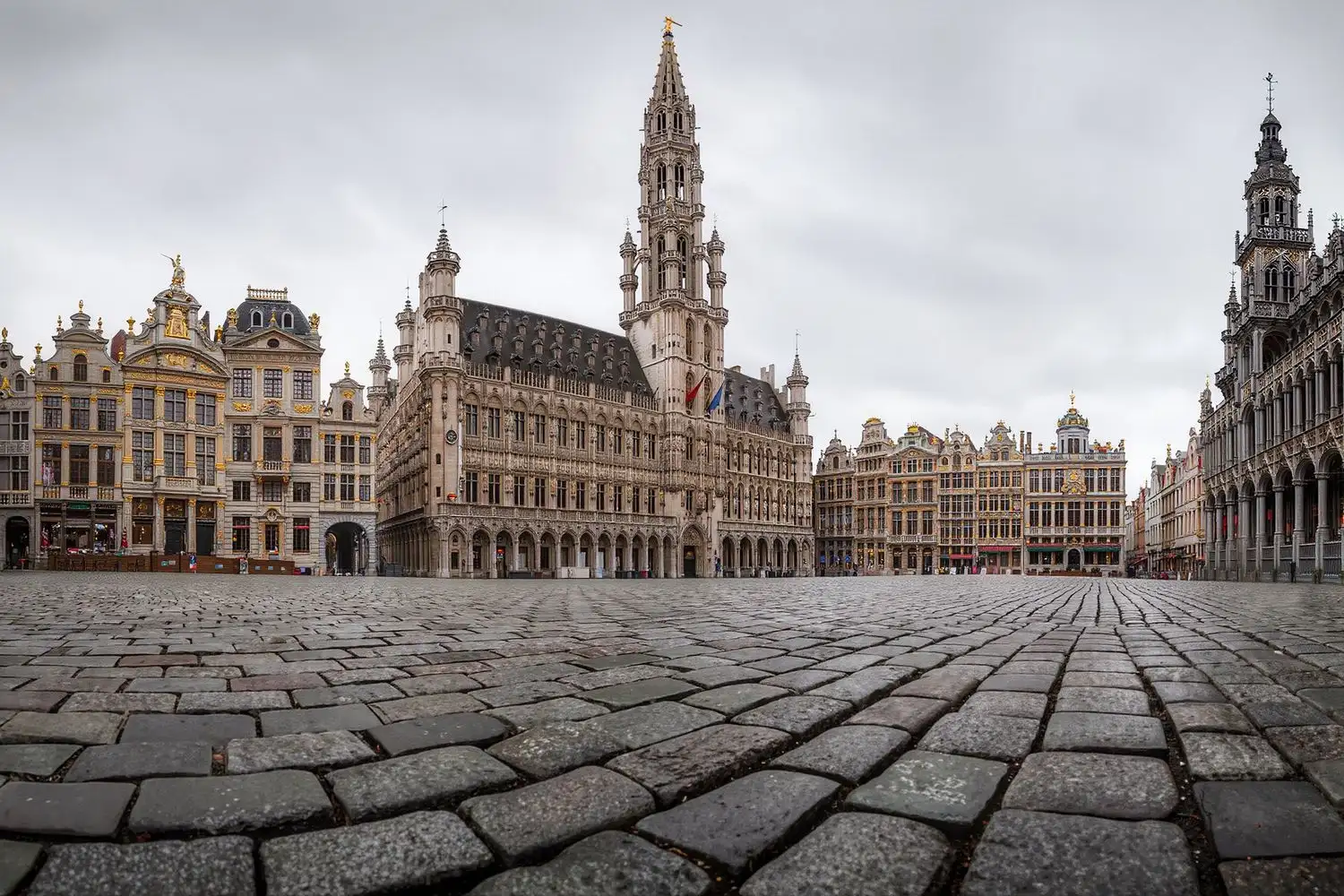 La Grand-Place de Bruxelles, l'hôtel de ville gothique et sa flèche, entourés des maisons de corporation.